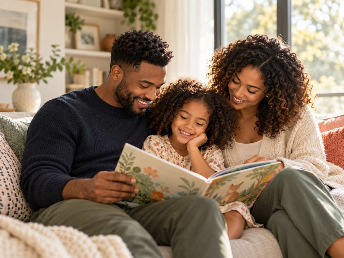 A Black family reading a picture book together at home