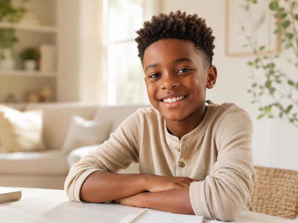 Smiling boy in a warm home setting