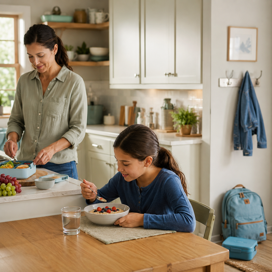 Parent preparing lunch while a child eats a balanced breakfast