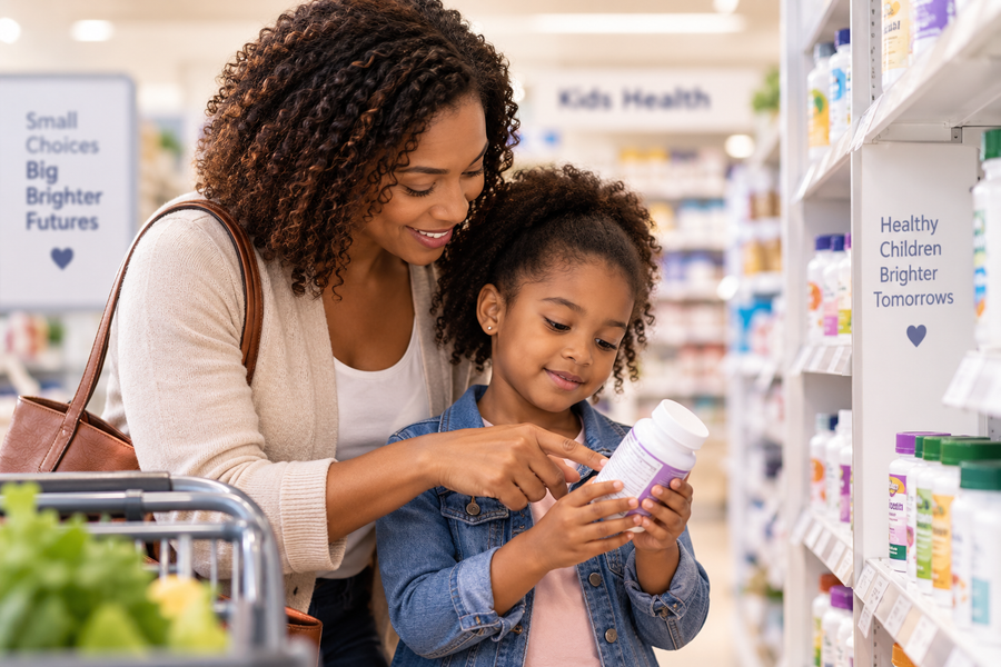 Black mother and daughter reading a children's supplement label in a store aisle