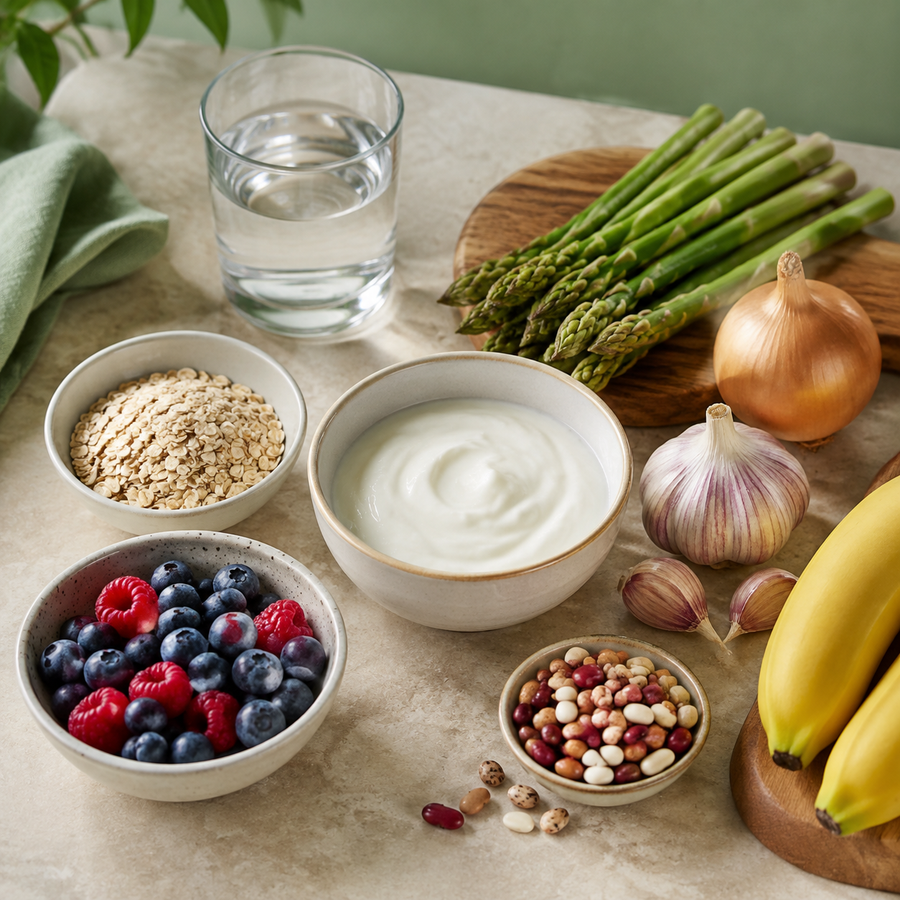 Yogurt, oats, berries, beans, banana, onion, garlic and asparagus