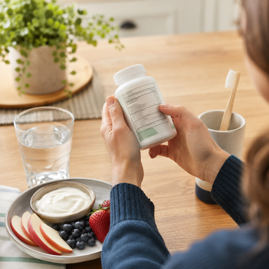 Parent reviewing a generic supplement label beside fruit, yogurt and water