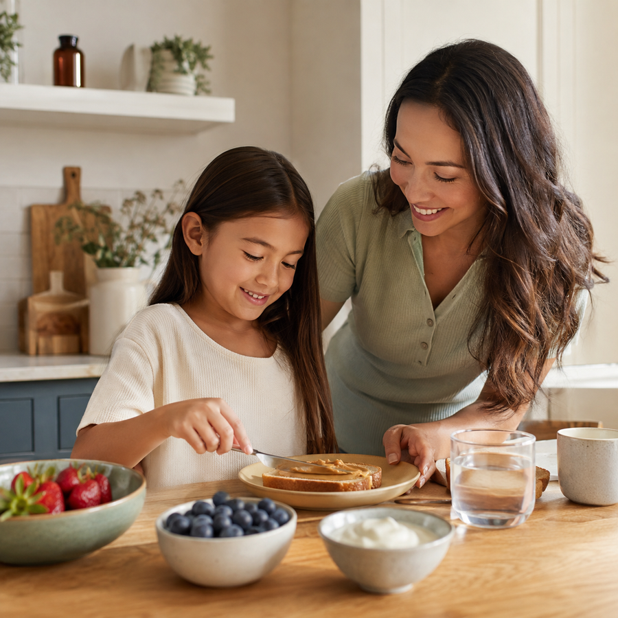 A parent and child making breakfast together