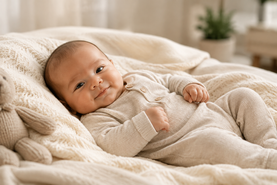 Smiling baby lying on a soft blanket