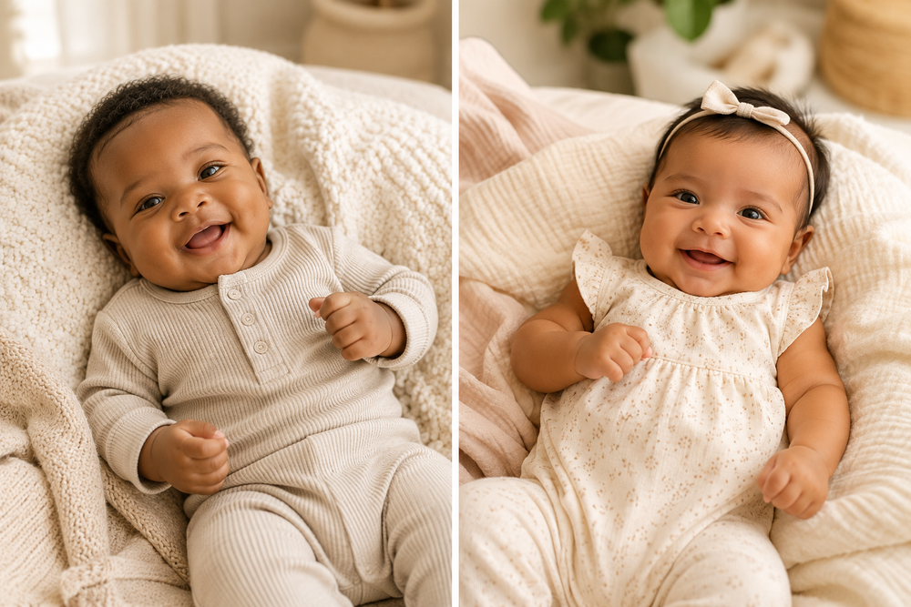 Two smiling infants on soft blankets